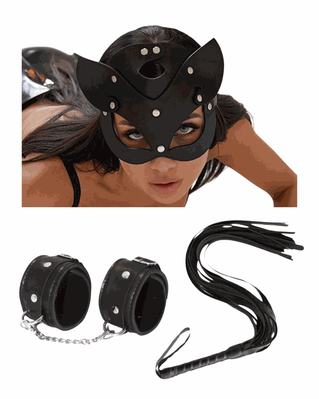 Fantezi Deri Seksi Siyah Kedi Maske Kelepçe Kırbaç Seti ( 3'lü set) BC5369