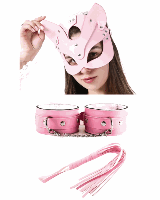 Fantezi Deri Seksi Pembe Kedi Maske Kelepçe Kırbaç Seti ( 3'lü set) BC5368