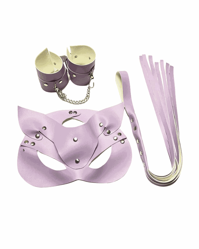 Fantezi Deri Seksi Lila Kedi Maske Kelepçe Kırbaç Seti ( 3’lü set) BC5370