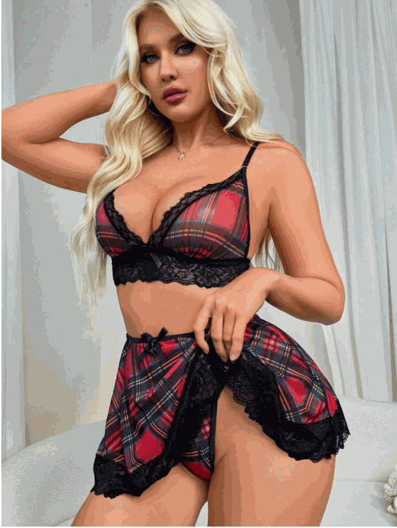 Fantezi Seksi Dantelli Ekose Sütyen Mini Etek Takım BC10128