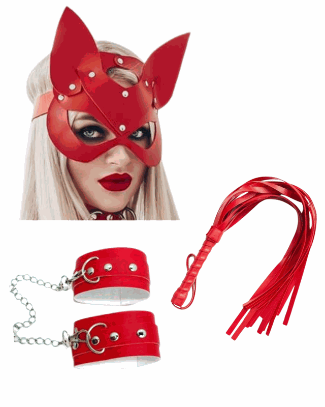 Tegan Fantezi Deri Seksi Kırmızı Kedi Maske Kelepçe Kırbaç Seti ( 3'lü set) TG275367