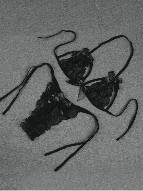 Tegan Fantezi Seksi Siyah Fiyonk Süslemeli Dantelli Sütyen String Takımı TG279707